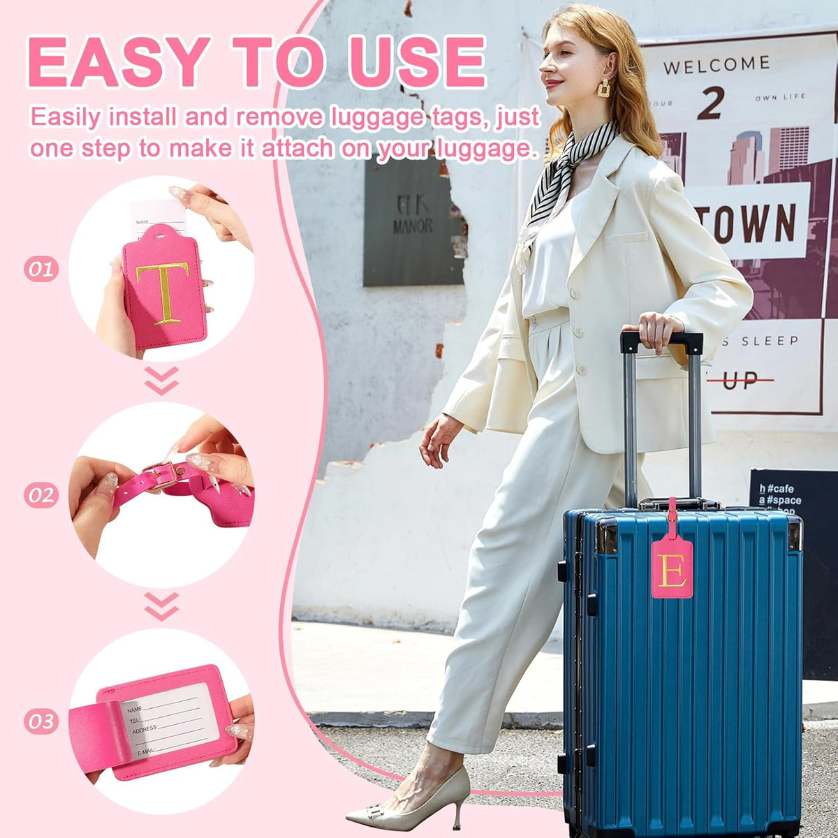 Personalized Rose Red Leather Initial Luggage Tags - Cute Monogram Embroidered Privacy Cover Name Card, Travel Backpack Gift for Women & Kids