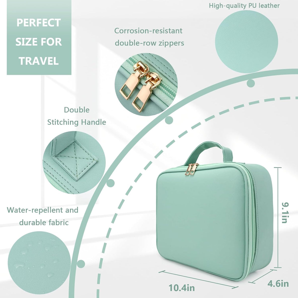 Travel Makeup Bag with LED Lighted Mirror, Travel Makeup Organizer,3 Color Setting Cosmetic Makeup Box, Adjustable Dividers and Brush Holder（light green）