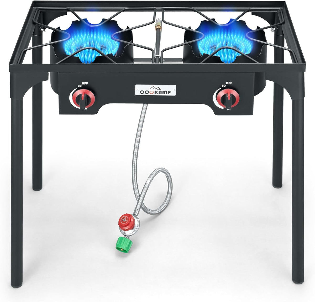High Pressure Double Propane Burner Outdoor Camping Stove with 0-20 PSI Adjustable Regulator and Steel Braided Hose (Two Burner Stove)