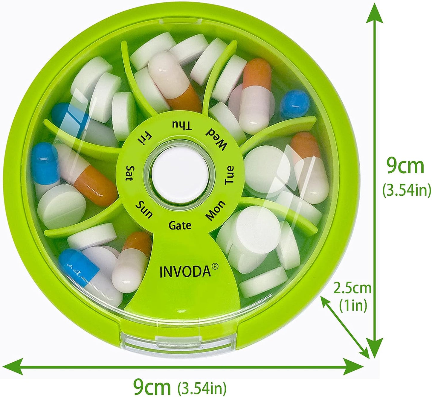 INVODA Weekly Pill Organizer 7 Compartment Rotating Pill Box for Daily Medication & Vitamins - Portable Travel Pill Case Fish Oil Supplements Vitamins Organizer (Green+Bag)