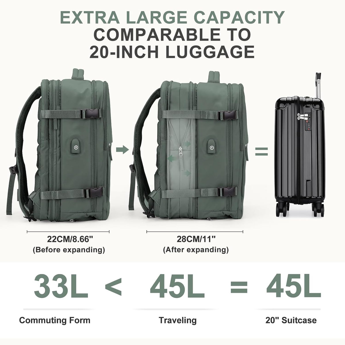 coowoz Large Travel Backpack For Women Men, Carry On Backpack,Hiking Backpack Waterproof Outdoor Sports Rucksack Casual Daypack Expandable Heavy Duty Extra large Backpack Olive Green