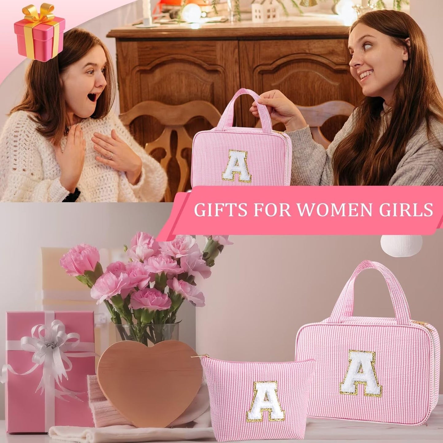 YOOLIFE Hanging Toiletry Bag for Women - Large Travel Toiletry Bag Makeup Bag, Portable Toiletries Cosmetic Bag, Airplane Travel Essentials - Letter N, Pink