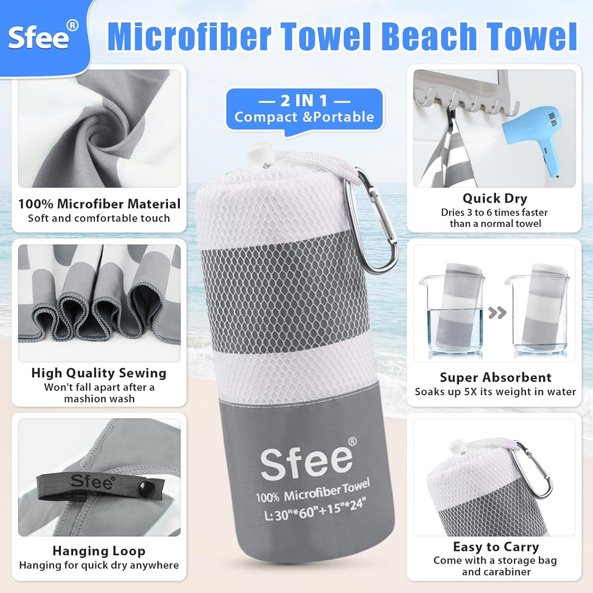 Sfee 2 in 1 Microfiber Oversized Beach Towel, Quick Dry Towel Travel Towel Camping Towel Super Absorbent Compact Lightweight Sports Gym Towels for Beach,Gym, Hiking, Pool, Backpacking, Bath, Yoga