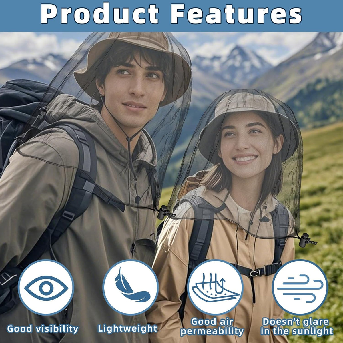 Oversized Mosquito Net 42 x 25 Inches Ultra Large Mosquito Head Net Face Neck Fly Mesh Netting Fits All Hats for Outdoor Camping Hiking Fishing Gardening Safari(Gray)