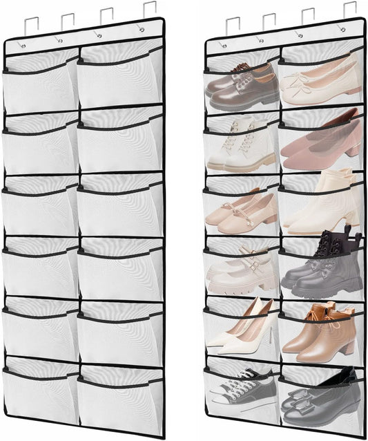 2 Packs Over the Door Shoe Organizer, 24 Extra Large Mesh Pockets Hanging Shoe Boots Rack Holder, Closet Hanging Organizers for Storage Sneakers High Heeled Shoes Slippers (White)