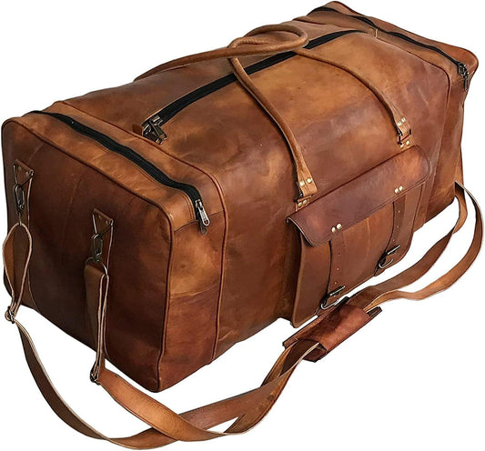 Leather Duffle Bag for Men Luggage Handmade Travel Bag Carry On Luggage Weekender Bags Overnight Gym Sports Cabin Holdall Bag For Airplanes Men And Women (34 Inch Brown)