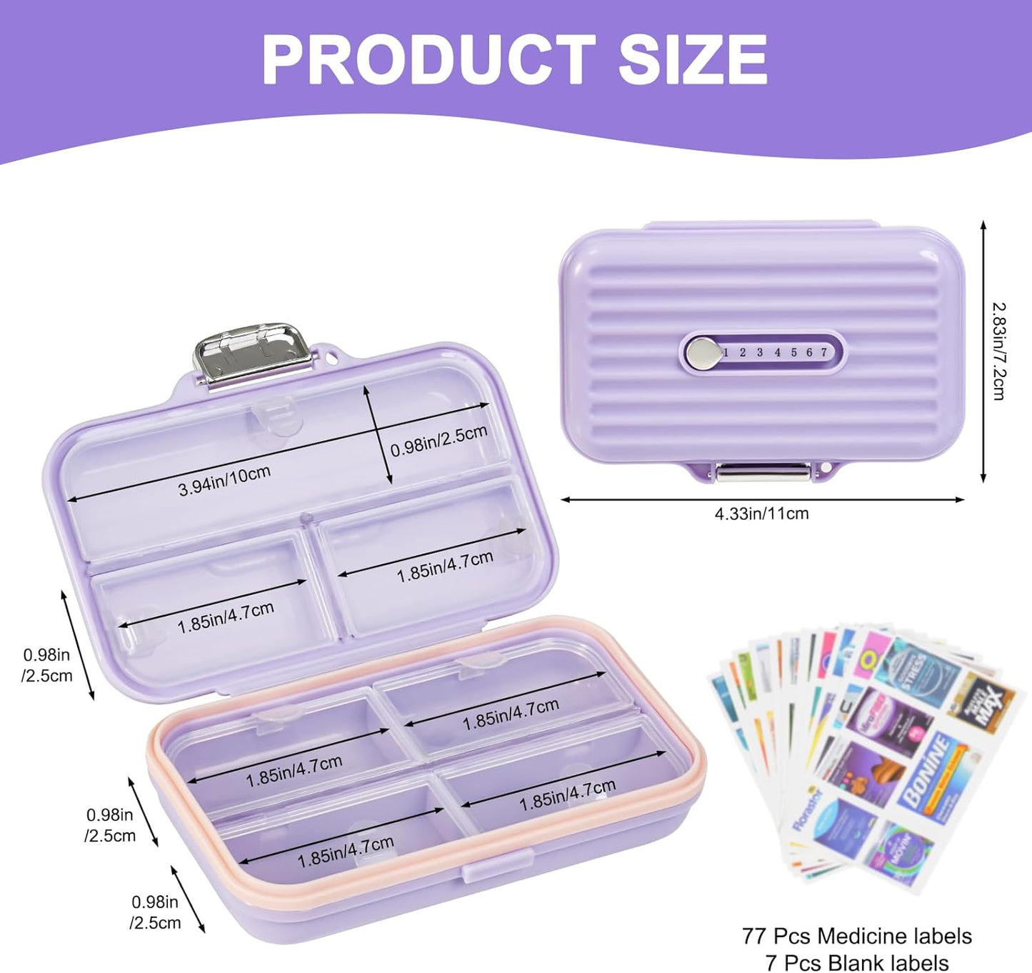 Travel Pill Organizer Box with Medicine Labels, 7 Compartments Portable Pill Case, Daily Medication Organizer Storage Pill Container for Pocket Pharmacy(Purple, L)