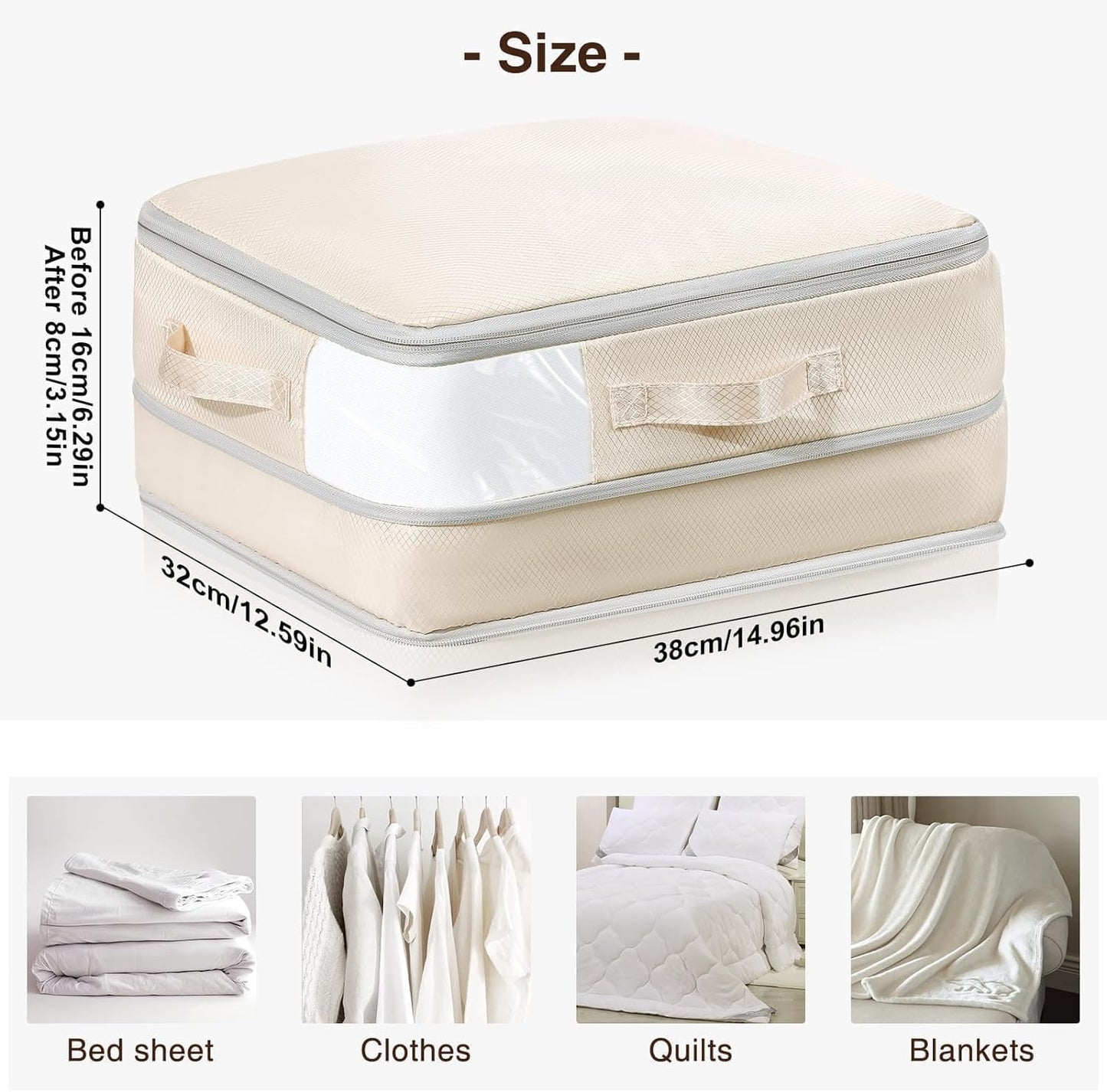 DIMJ Clothes Storage Bag 4 Pack, 19L Small Storage Bags for Sweater, Closet, Sheet Storage Organizer with Window, Compression Organizer Space Saver Storage Bags with Zipper, Beige