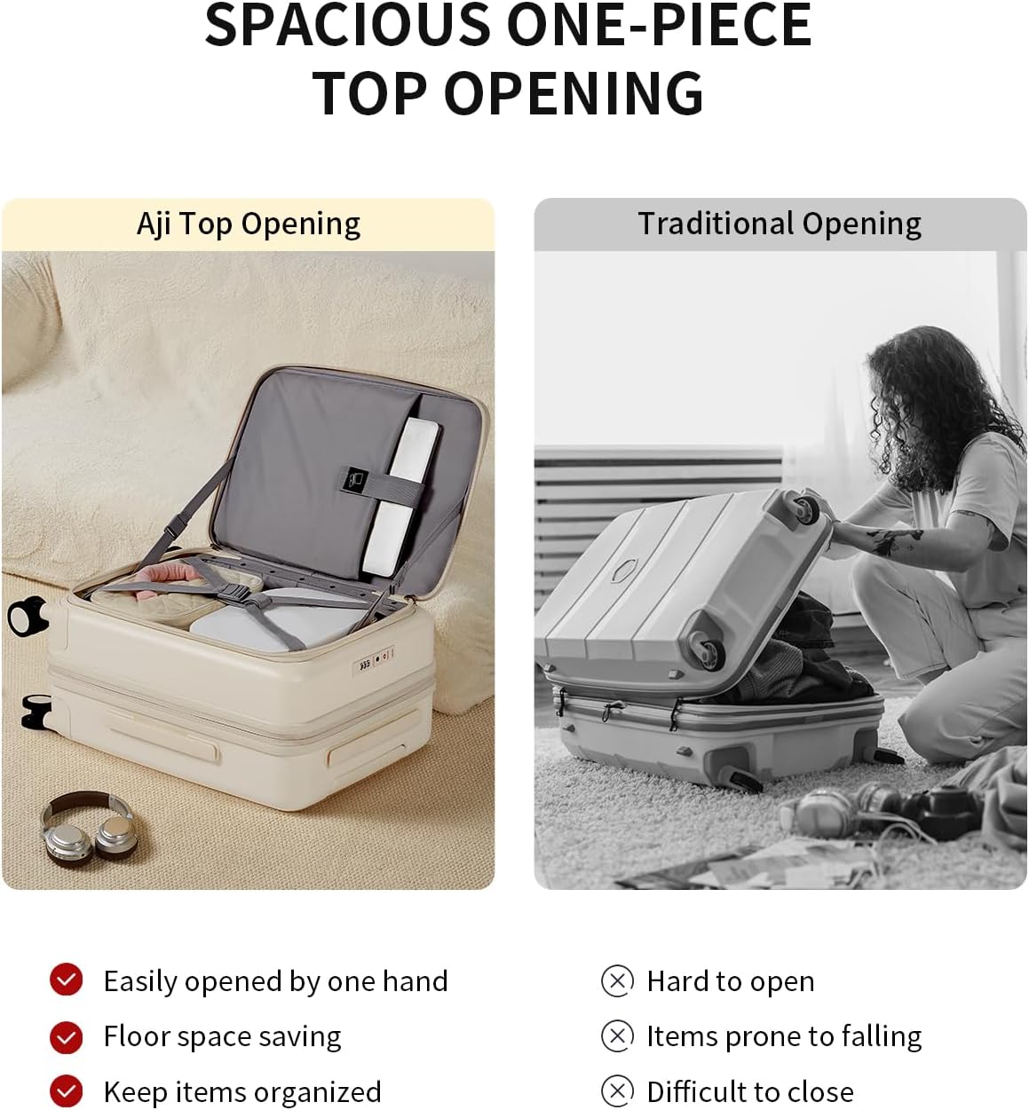 aji Expandable Top Opening Carry On Luggage Airline Approved, 20 Inch Lightweight Hardside Carry On Suitcase with Spinner Wheels, Travel Luggage with Laptop Compartment for Women Men, Coconut White