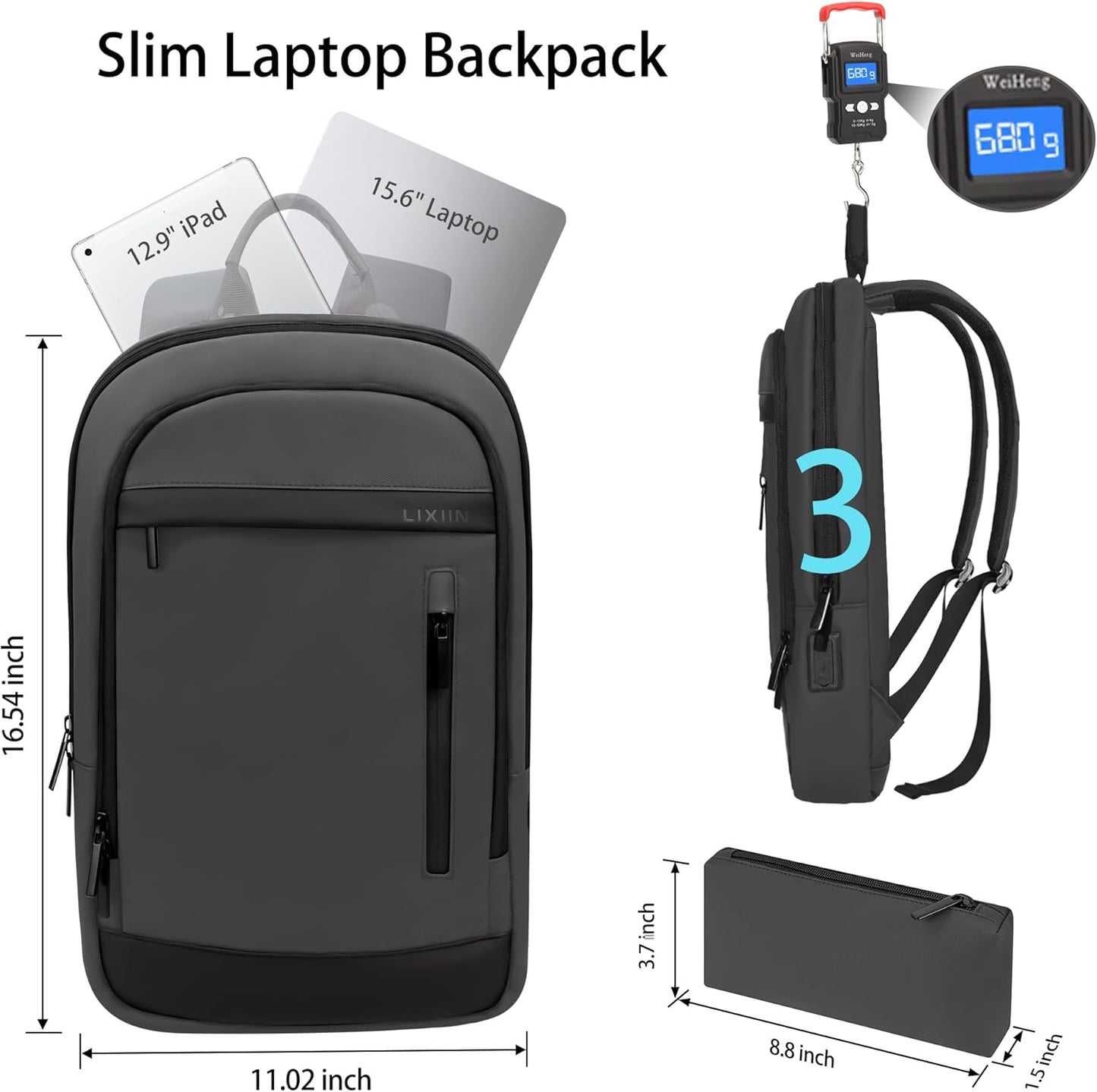 Business Backpack for Men Lightweight Commute Laptop Backpack Anti-Theft Water Resistant Backpack for 15.6 Inch Computer for Daily Office Work with Small Bag (Grey)