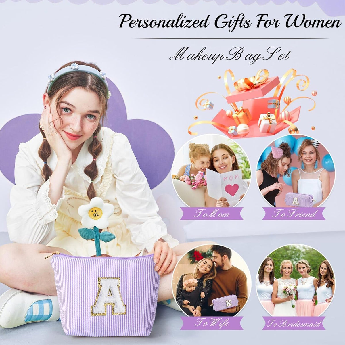 YOOLIFE Birthday Gifts for Women - Personalized Cute Purple Initial Cosmetic Makeup Pouch - Make Up Toiletry Bag for Her Mom Teacher Friend Girlfriend Wife - 21st Birthday Gifts F