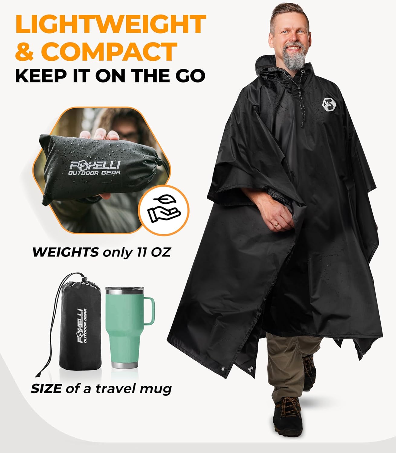 Foxelli Rain Poncho for Adults – Extra Long Reusable Waterproof Raincoat with Hood, Lightweight for Hiking, Camping, Outdoors