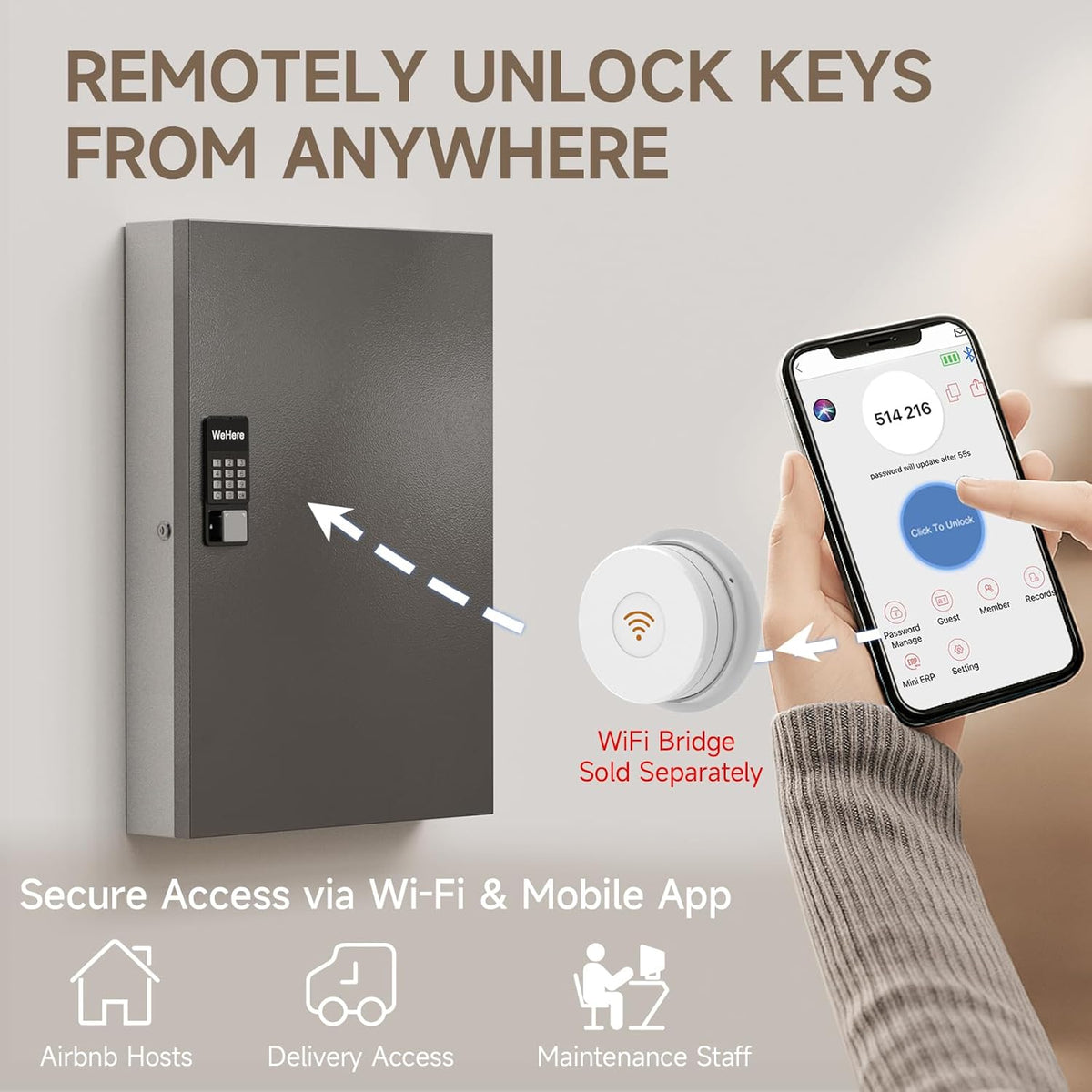 WeHere 192 Key Lock Box Wall Mount, APP Bluetooth/OTP/Wi-Fi/Fixed Code/Key Unlock, Smart Key Cabinet with Key Tag, Key Organizer Holder Box, Key Management Directory for Office, Valet, Realtor, Hotel