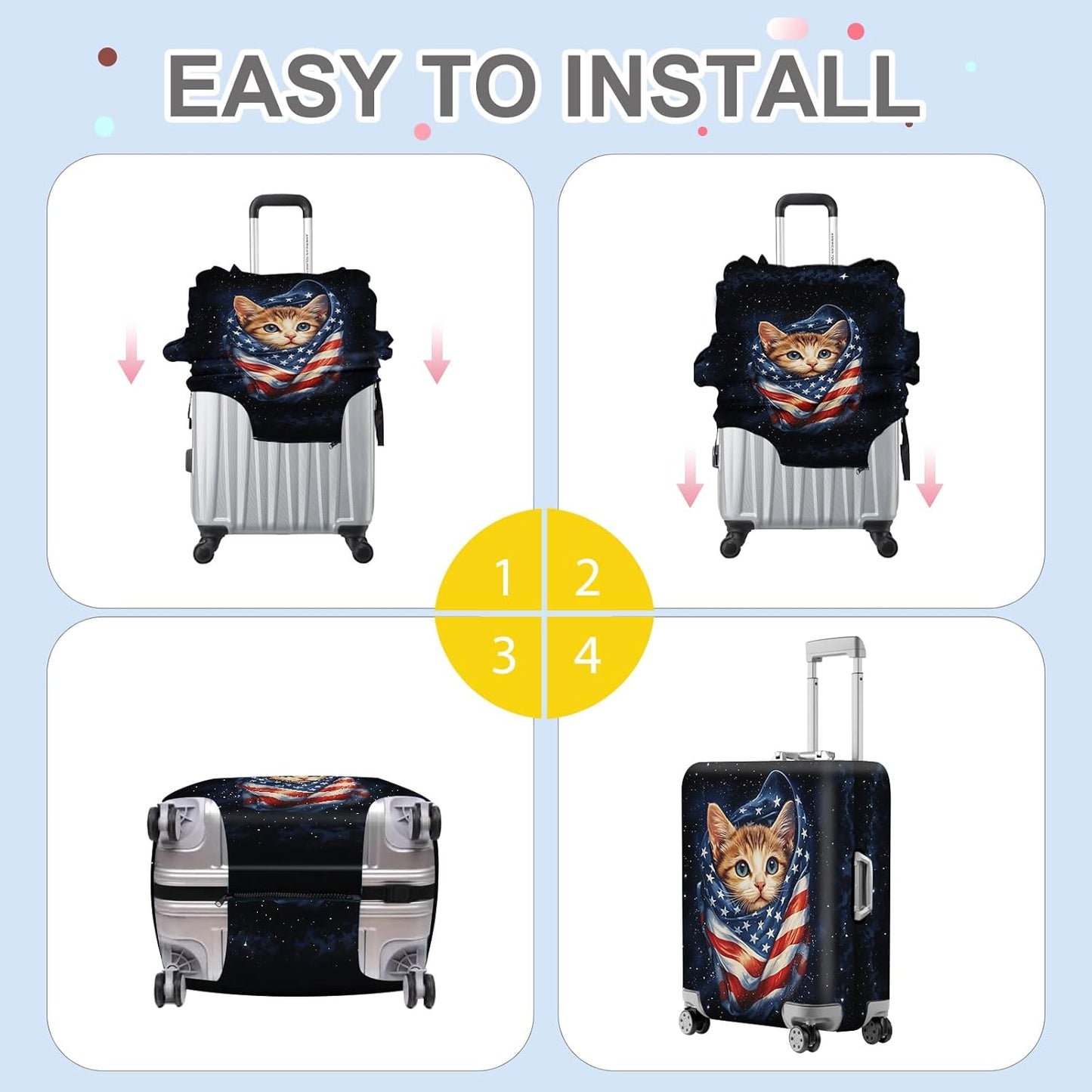 ANNA QUEEN Cute Patriotic Cat Luggage Cover, American Flag Suitcase Protector, Stretchable, Washable Travel Cover for 24-26 Inch Luggage