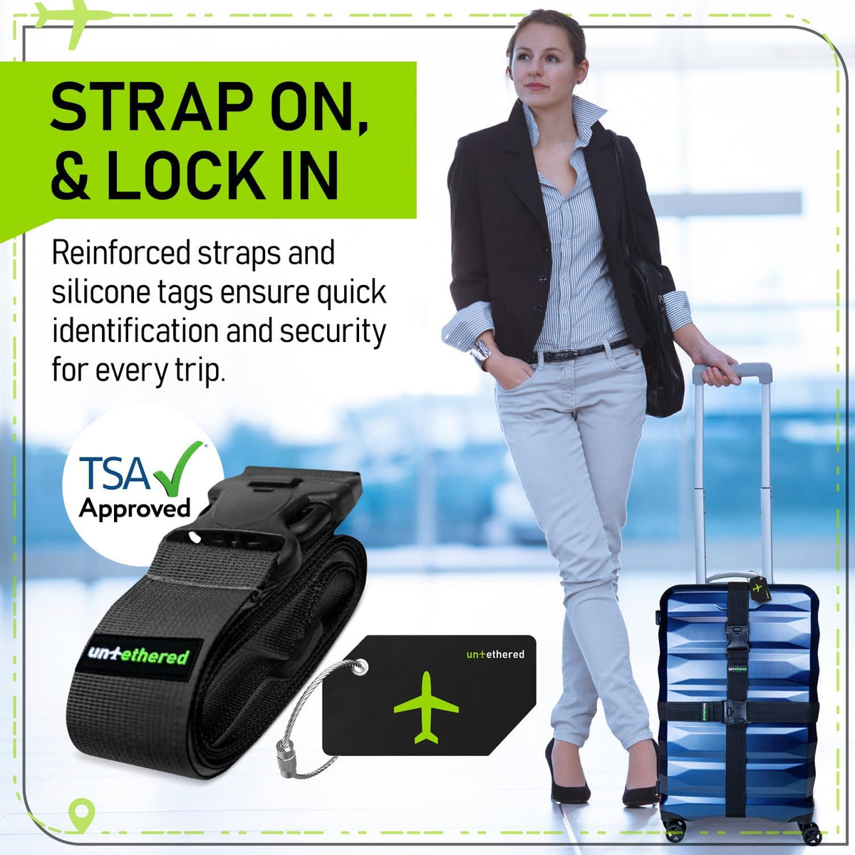 Untethered Ultimate Travel Set: 4 Premium Luggage Straps and 4 Silicone Tags - Secure & Identify Your Bags with Ease (Black + Tags)