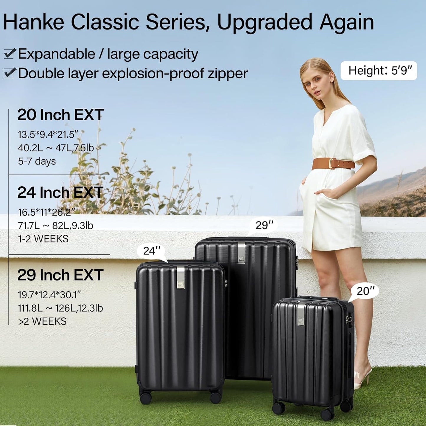 Hanke 29 Inch Expandable Checked Luggage Lightweight PC Hard Shell Luggage Suitcases with Wheels Travel Luggage Rolling Large Suitcase Travel Luggage Bag for Study Abroad.(Jet Black)