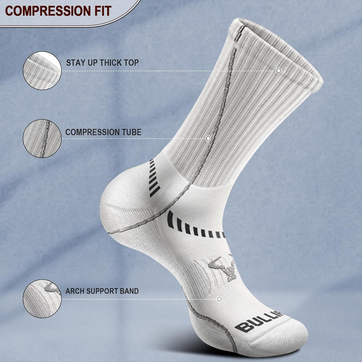 BULLIANT Compression Socks for Men 6Pairs, Athletic Crew Socks Cushioned For Men Sports Running-Arch Support