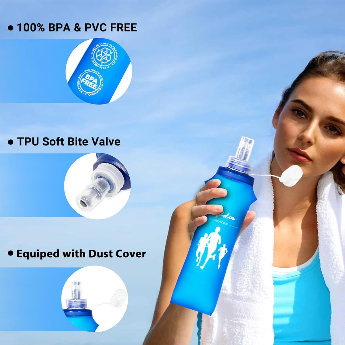 Qidoe 2 Pack Running Vest Soft Flask, 17oz/500ml BPA-Free TPU Collapsible Soft Water Bottle for Hydration Pack, Running Vest, Folding Water Bottles for Hiking Cycling Climbing