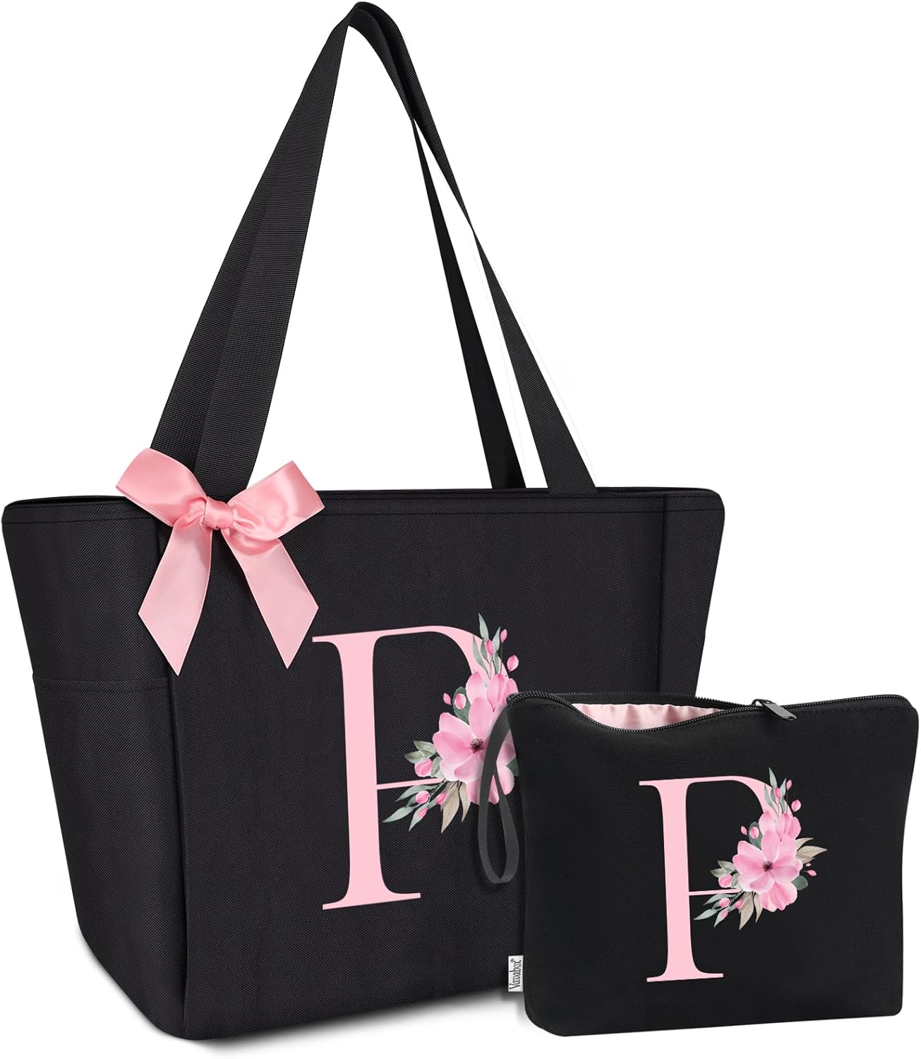Vavabox Tote Bag, A-Z Initial Monogrammed Waterproof Tote Bag, Bridesmaid Gifts for Women, Black and Pink