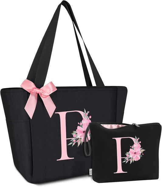 Vavabox Tote Bag, A-Z Initial Monogrammed Waterproof Tote Bag, Bridesmaid Gifts for Women, Black and Pink