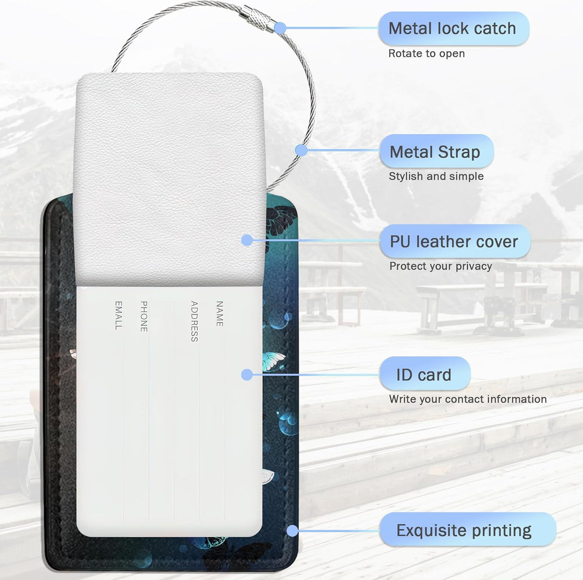 Luggage Tags for Suitcase,Glowing Butterfly Flying Luggage Tags of Set 2 Leather Identifiers Privacy Cover with Stainless Steel Loop for Women Men Travel Bag Suitcase