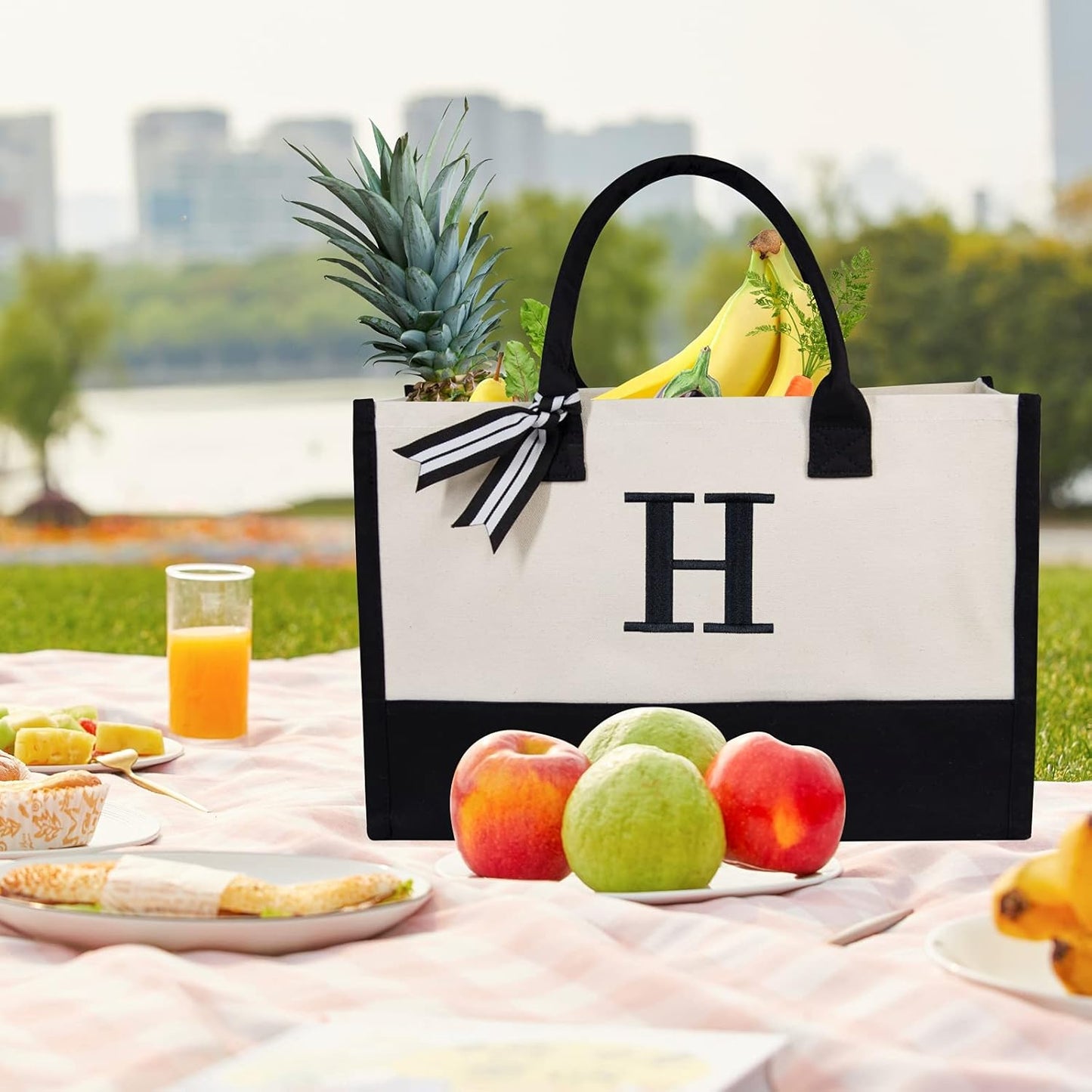 TOPDesign Embroidery Initial Canvas Tote Bag, Personalized Present Bag, Suitable for Wedding, Birthday, Beach, Holiday, is a Great Gift for Women, Mom, Teachers, Friends, Bridesmaids (Letter H)