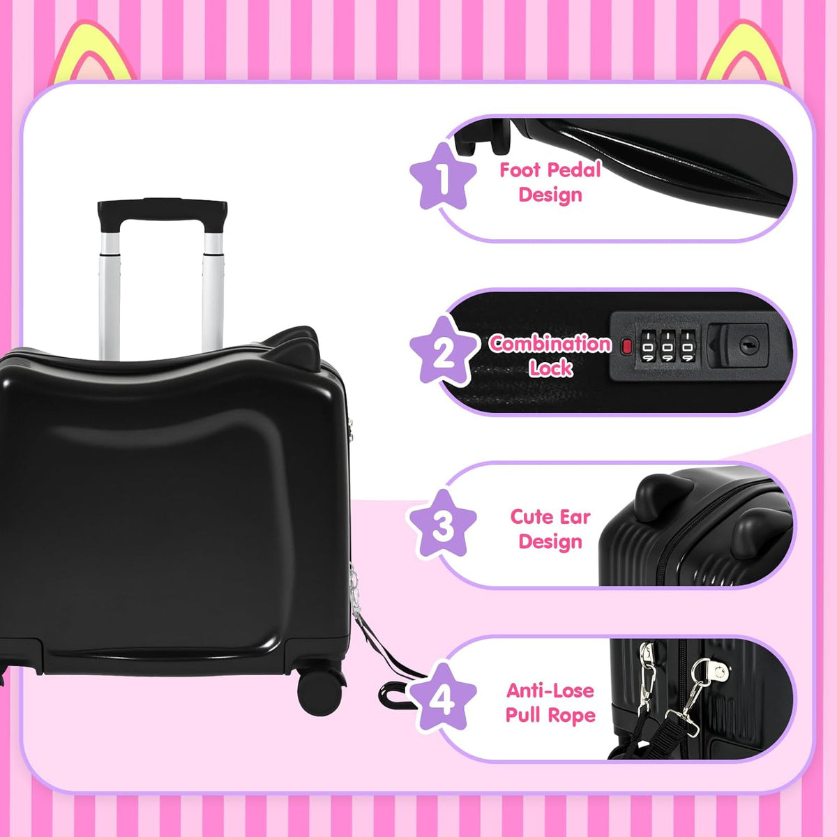 smilesun 20" Ride-On Travel Suitcase for Kids, Cute Ear Toddler Carry on Luggage with Spinner Wheels, Children Rolling Trolly Luggage with Combination Lock (Coal Black with Rope)