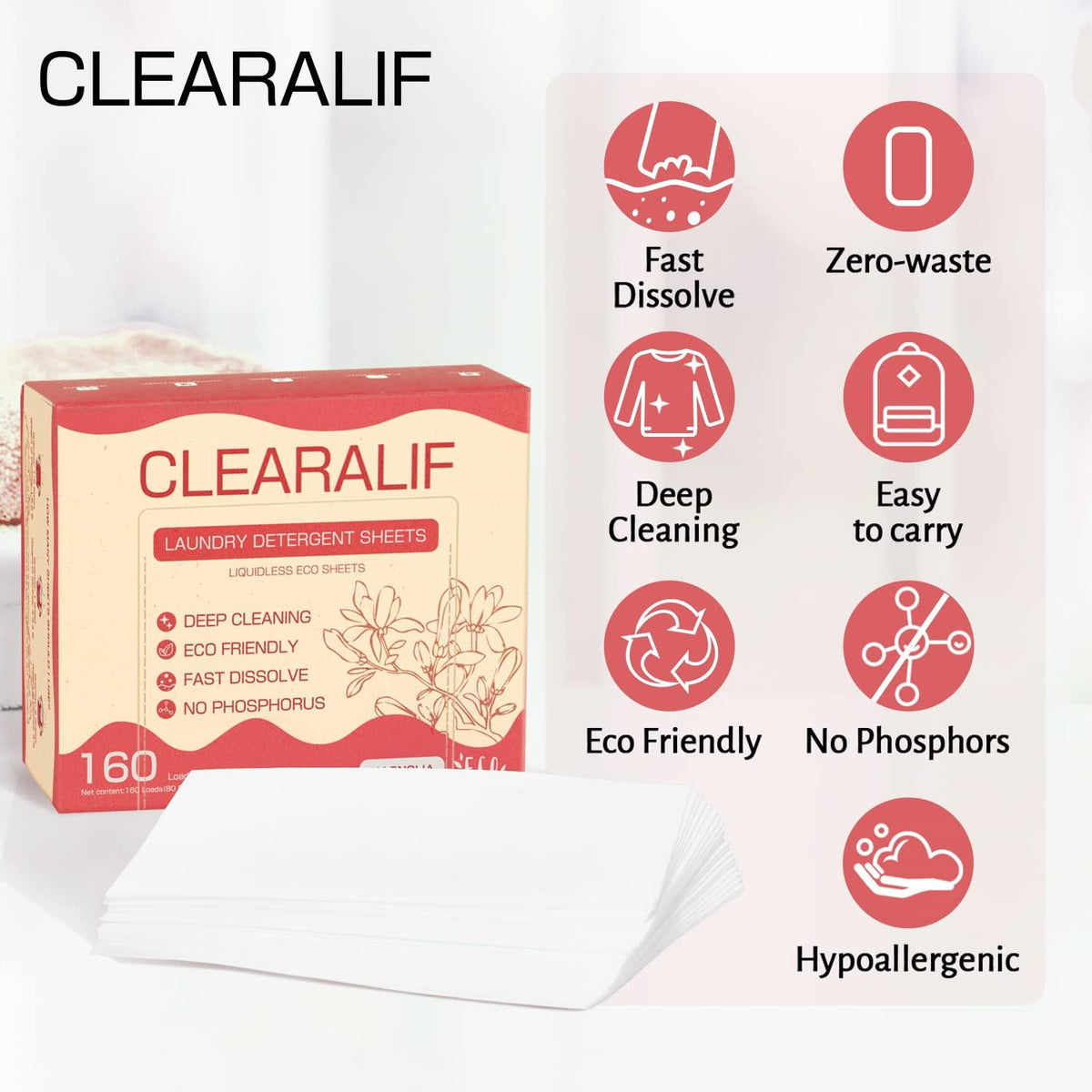 Laundry Detergent Sheets Up to 160 Loads, Magnolia - Great For Travel,Apartments, Dorms,CLEARALIF Laundry Detergent Strips Eco Friendly & Hypoallergenic - 80 Sheets