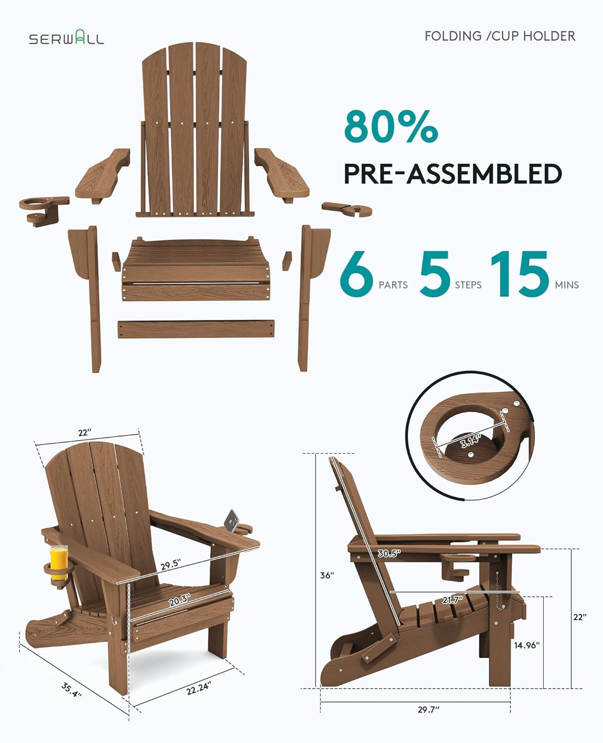 SERWALL Adirondack Chair with Cup Holders - Composite Adirondack Chairs HDPE Outdoor Chairs All Weather Use- Brown