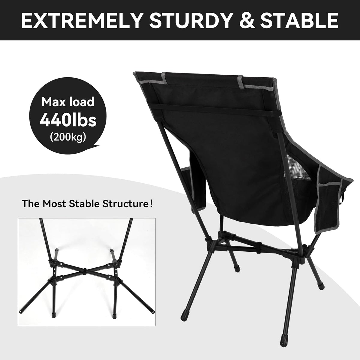 Portable High Back Camping Chair, Support Heavy Duty 440 lbs, Lightweight Folding Chair with Adjustable Pillow for Hiking, Beach, Backpacking