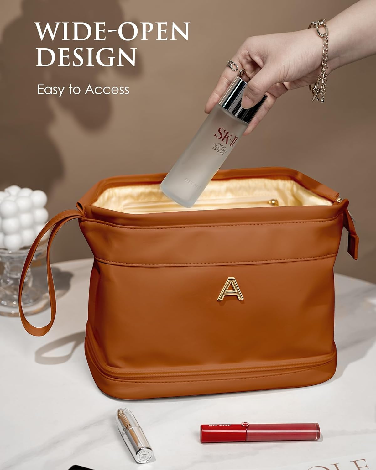 Female Gifts, Personalized Makeup Bag, Monogrammed Gifts, Initial Double Layer Cosmetic Bag with Makeup Brush Organizer, Travel Toiletry Bag, Gifts for Friends Female Mom, Teen Girl Gifts