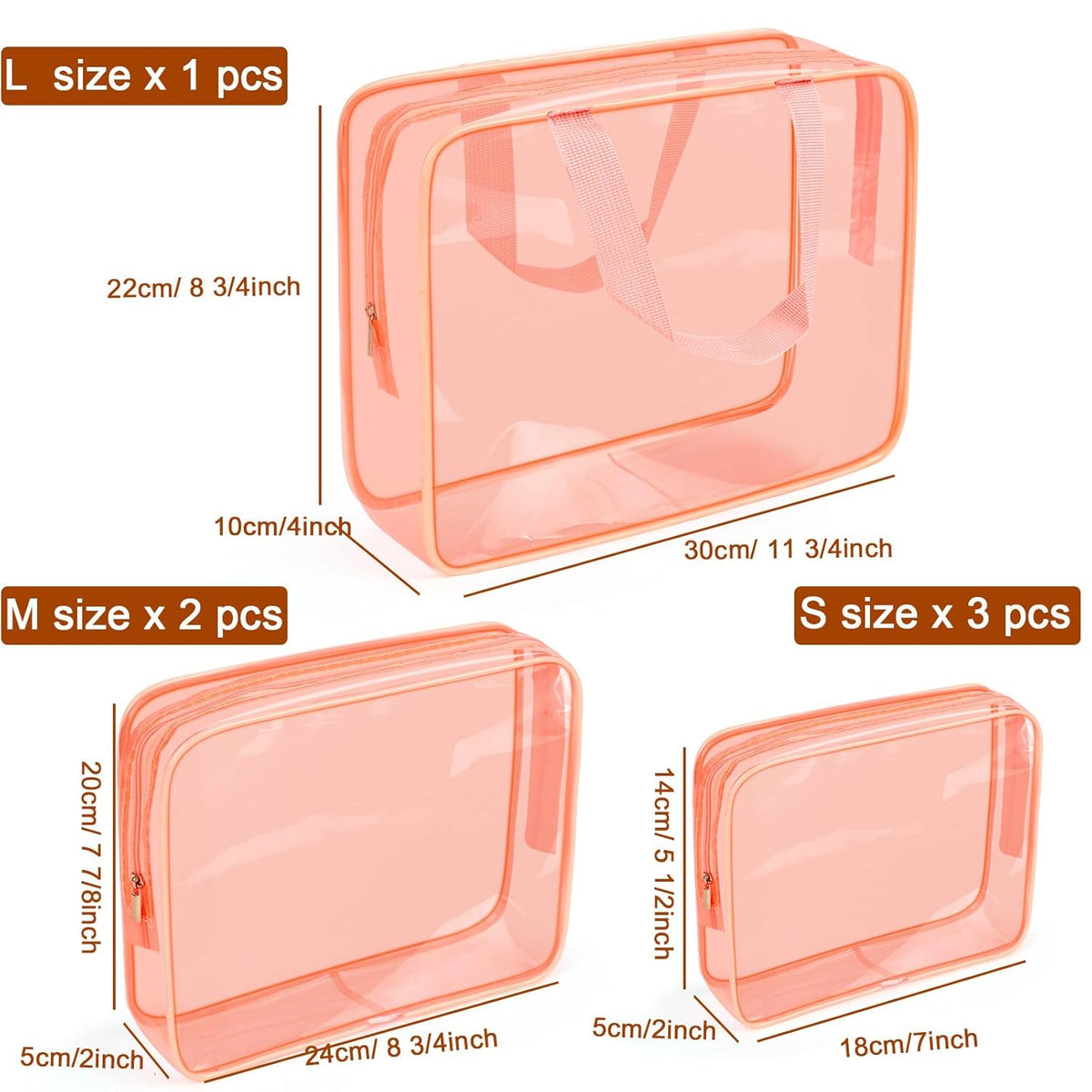 APREUTY Clear Makeup Bags, TSA Approved 6 Pcs Cosmetic Makeup Bags Set Clear PVC with Zipper Handle Portable Travel Luggage Pouch Airport Airline Vacation Organization (Peach)