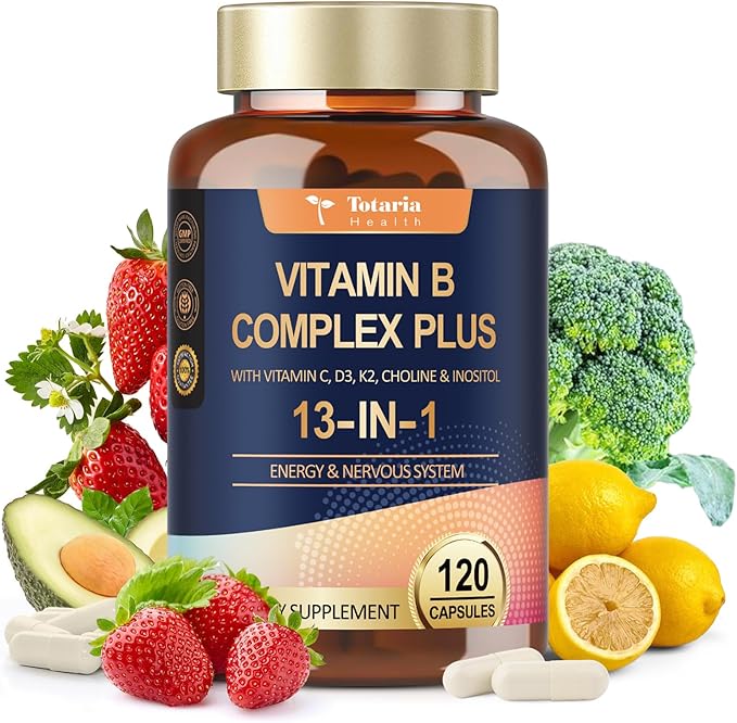 13-in-1 Vitamin B Complex Plus with Vitamin B1, B2, B3 (Niacinamide), B4, B5, B6, B7 (Biotin), B8 (Inositol), B9 (Folate), B12, C, D3, K2 - Energy, Nerve, Immune, Skin Support - 120 Vegan Capsules