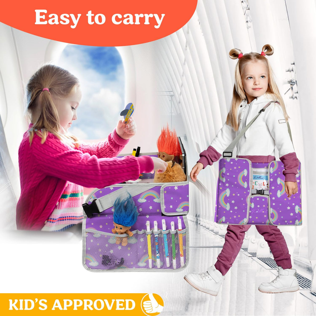 PILLANI Kids Travel Tray for Car - Car Seat Tray for Kids Travel, Road Trip Essentials Must Haves - Carseat Table Roadtrip Activities - Toddler Lap Desk Organizer for Airplane - Kids Travel Essentials