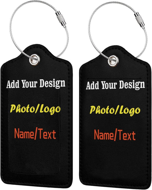 2 Pack Personalized Luggage Tags for Suitcases Travel with Photo Name Logo, Custom Leather Bag Tag for Women Girls Couples, Privacy Cover with Stainless Steel Loop Name Id Card Labels