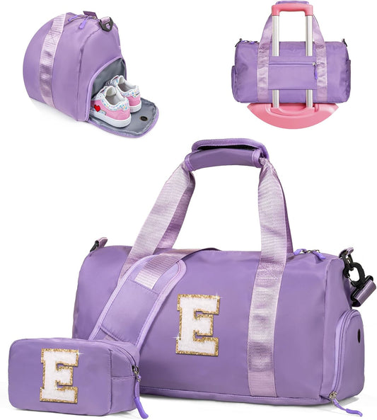 Tween Girls Gifts Trendy Stuff-Girl Gym Bag with Shoe Compartment, Kid Personalized Weekender Overnight Bags, Initial Travel Tote with Makeup Pouch, Preppy Things for Kids (Letter E)