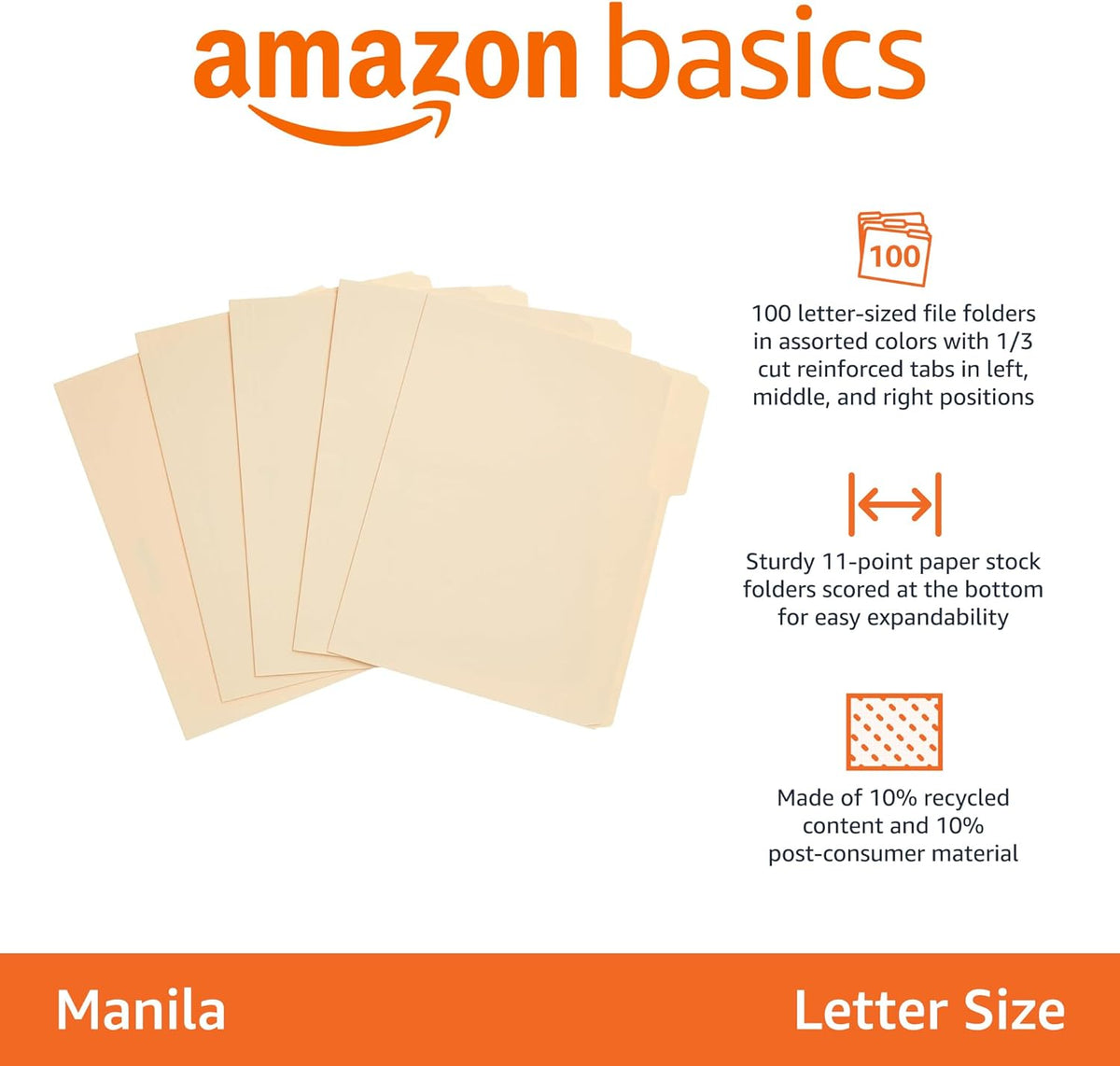 Amazon Basics File Folders with Tabs for Filing, 1/3-Cut Tab, Assorted Positions, 8.5x11 inches, Letter Size, Manila, Pack of 100