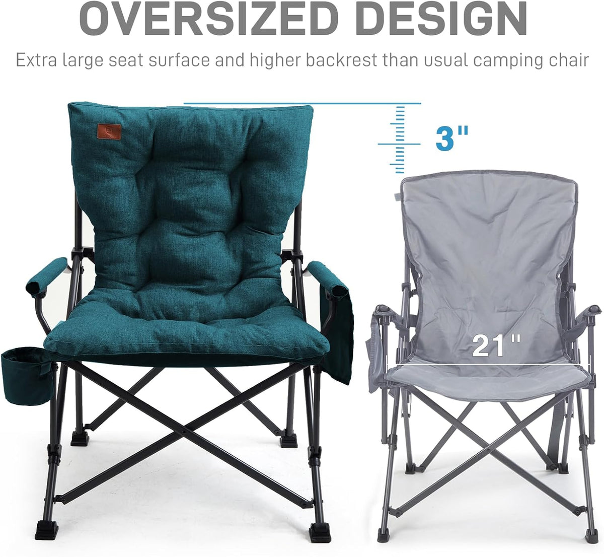 EVER ADVANCED Padded Oversized Folding Camping Chair for Adults, Heavy Duty Lawn Chair with Side Pockets, Portable Collapsible Quad Chair for Outside, Support Up to 500lbs, Green