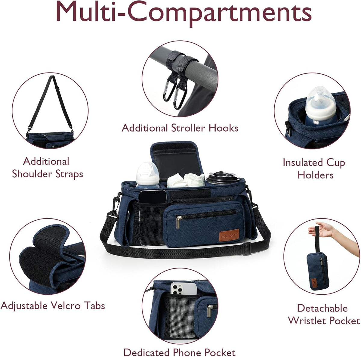 Momcozy Universal Baby Stroller Organizer, 2 Insulated Cup Holder, Detachable Zippered Pocket, Adjustable Shoulder Strap, Large capacity for baby essentials, Compact Design Fits Any Strollers