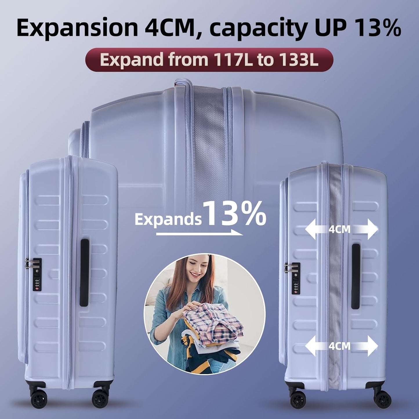 2 Pieces 19/29 Luggage Sets, 19 Inch Carry On Luggage with Front Pocket & 29 Inch Side Opening Suitcase, Ligthweight ABS+PC Hardshell, Lilac Purple