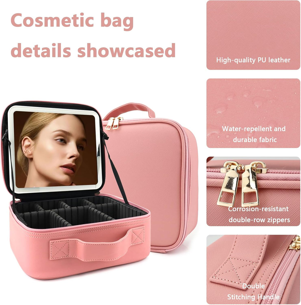 Travel Makeup Bag for Makeup Artists Large Makeup Case,with Mirror 3 Color Setting and Jewelry box Travel Makeup Bag,Portable Storage and Adjustable Dividers（pink）