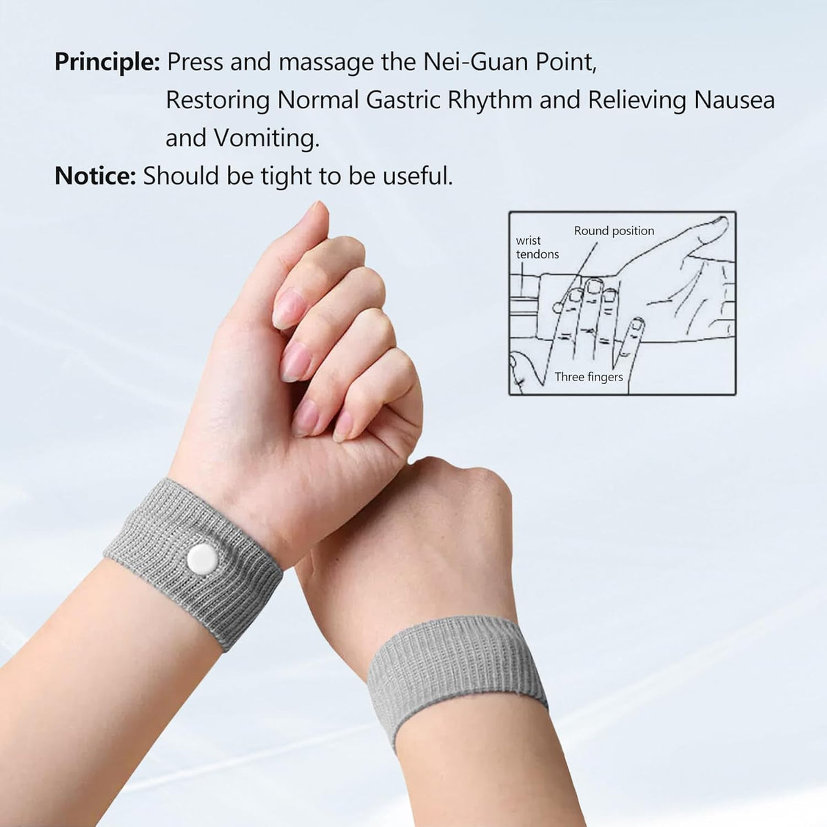 Motion Sickness Wristband, Anti-Nausea Acupressure Wrist Band for Nausea Relief, Dizziness and Vomiting from Car Sea Boat Flying Travel Sickness for Adults and Kids (Grey, Large, 2 Pairs)