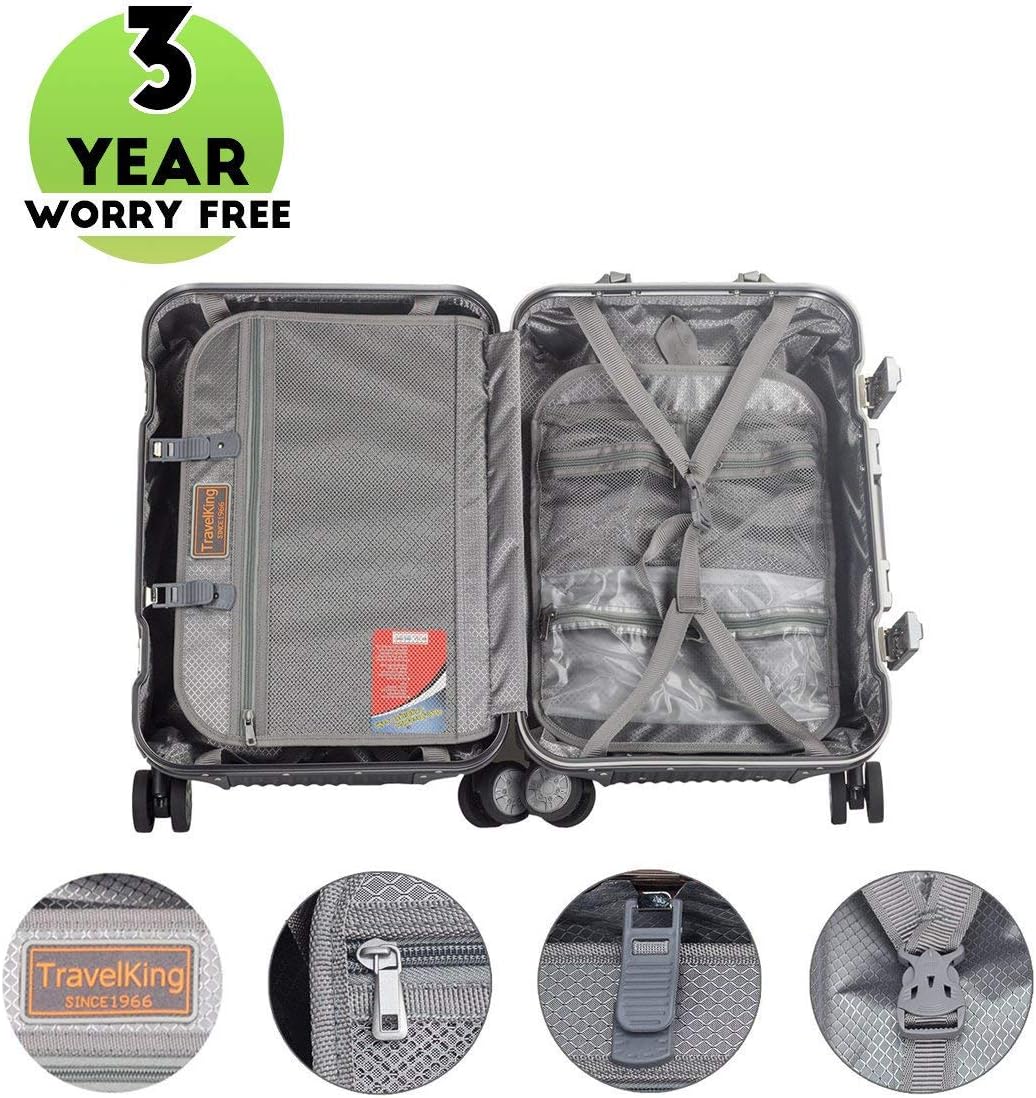 TRAVELKING All Aluminum Carry On Luggage with TSA Locks Fashion Cool Metal Hard Shell Spinner Suitcase (Silver, 20 Inch)…