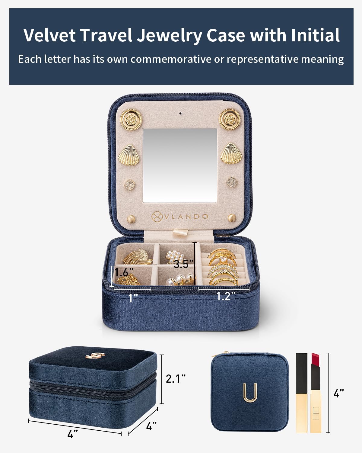 Vlando Mom Gifts for Women, Travel Jewelry Case for Mother Gifts, Travel Gifts for Mother Mom from Daughters, Travel Essentials Small Jewelry Box, Jewelry Travel Organizer - Letter U, Dark Blue