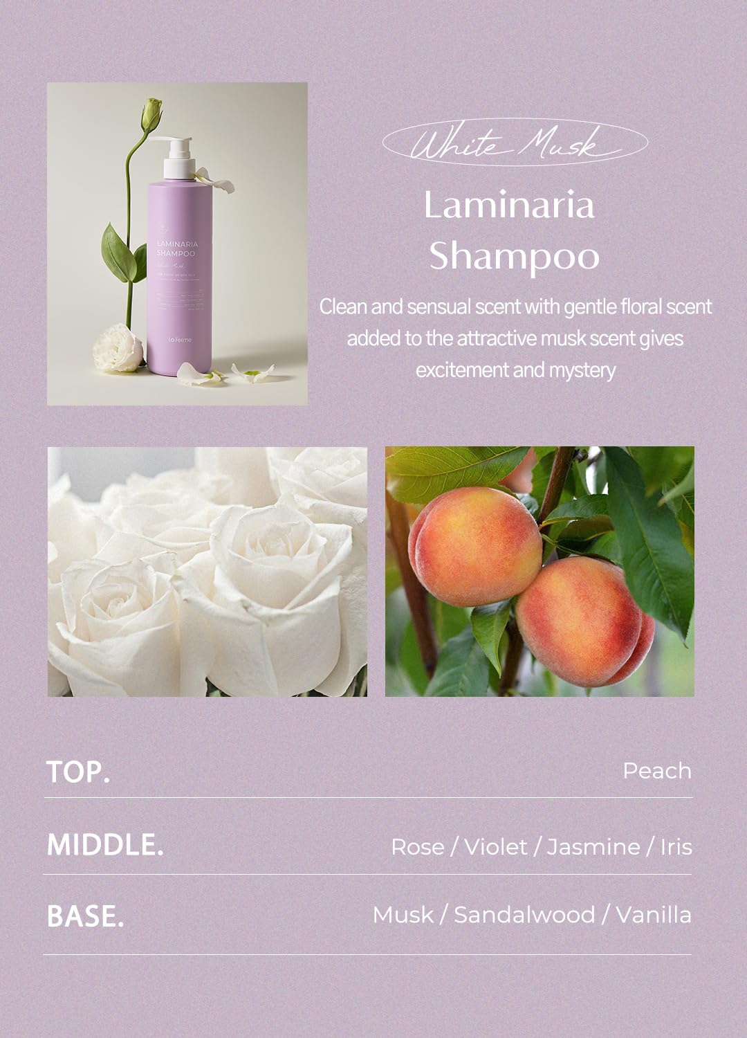 laferme Laminaria Shampoo with Organic Ingredient, Korean Clarifying Shampoo, Hydrating for Dry Hair, Strengthening for Weak Hair, Sulfate & Paraben-Free, for Women & Men, 33.8 FL OZ, White Musk