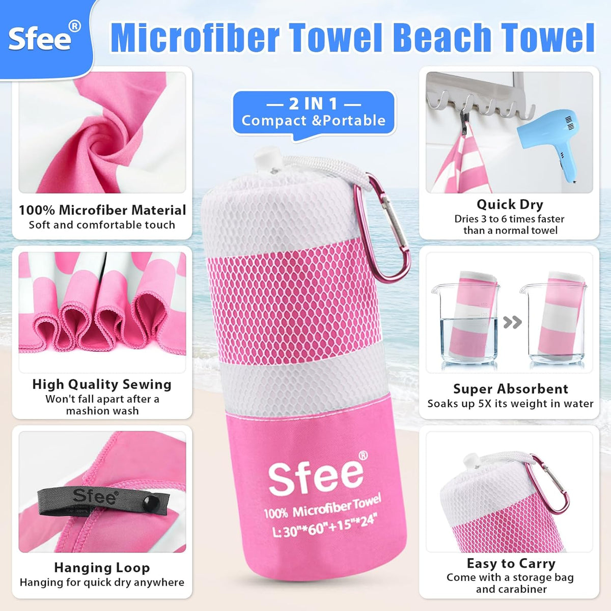 Sfee 2 in 1 Microfiber Beach Towel, Quick Dry Towel Camping Towel Travel Towel Super Absorbent Compact Lightweight Sports Gym Towels Set for Beach, Gym, Hiking, Pool, Backpacking, Bath, Yoga
