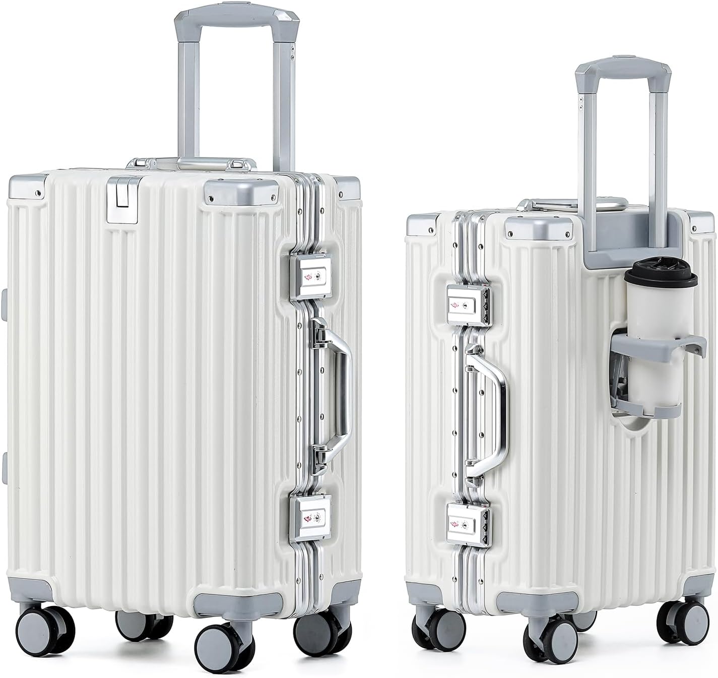 HotWay 26 Inch Aluminum Frame Luggage with Spinner Wheels, PC Hard Shell Suitcase with Cup Holder, Zipperless Luggage for Business Travel, White