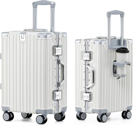 HotWay 20 Inch Aluminum Frame Carry On Luggage with Spinner Wheels, PC Hard Shell Suitcase with Cup Holder, Zipperless Luggage for Business Travel, White