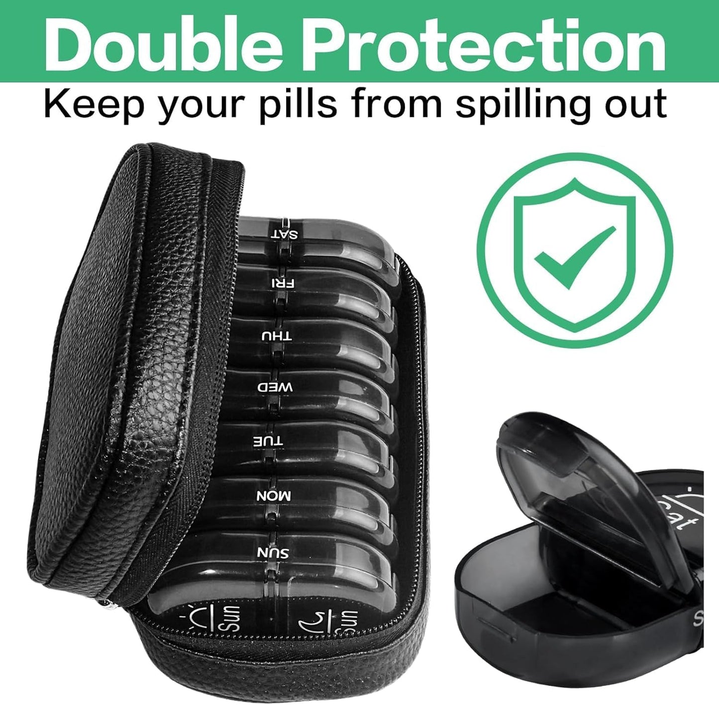Serfeymi Weekly Travel Pill Organizer 2 Times A Day AM PM Upgraded Black Pill Box 7 Day with Portable Zipper PU Leather Pill Case, Medicine Organizer for Pills, Vitamins, Fish Oils - Black 01