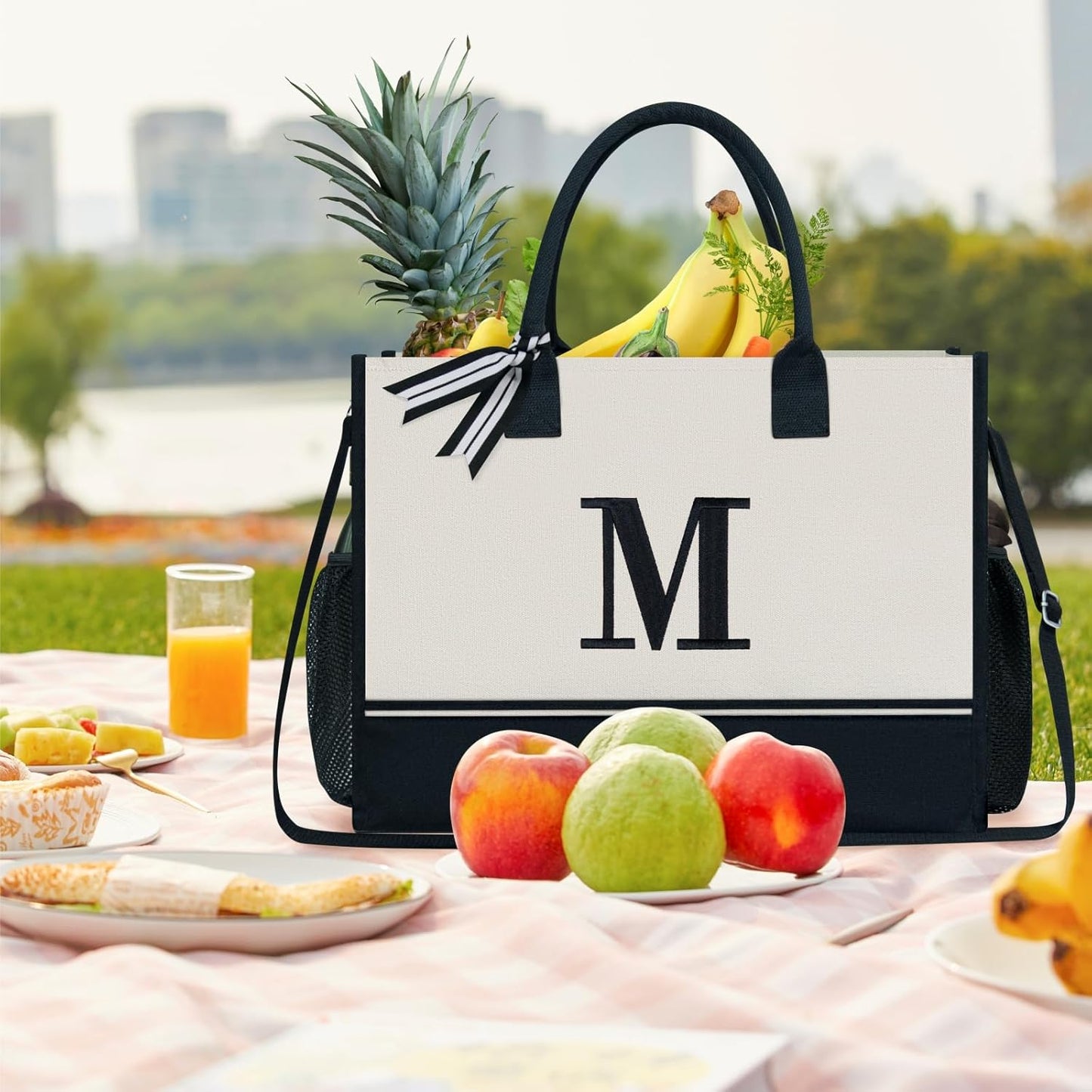TOPDesign Personalized Initial Canvas Tote Bag, for Wedding, Birthday, Beach, Perfect Gifts for Women, Mom, Teachers, Friends